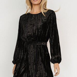 Velvet Round Neck Tie Waist Long Sleeve Mini Dress